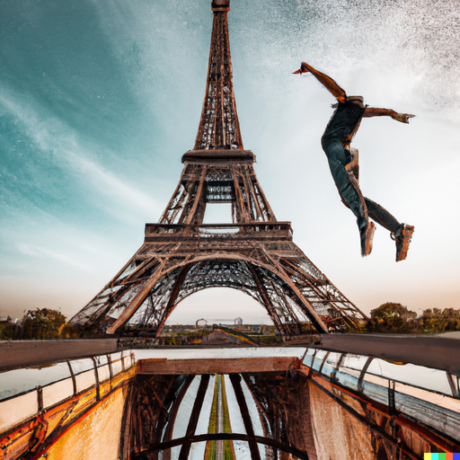 Un homme qui saute en face de la tour Eiffel